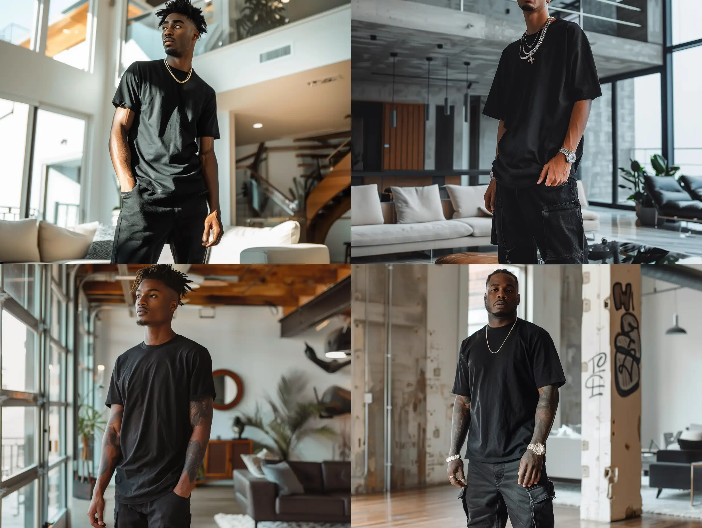 tall male with hip-hop style, with black T-shirt, black baggy jeans, standing in side of a luxury loft