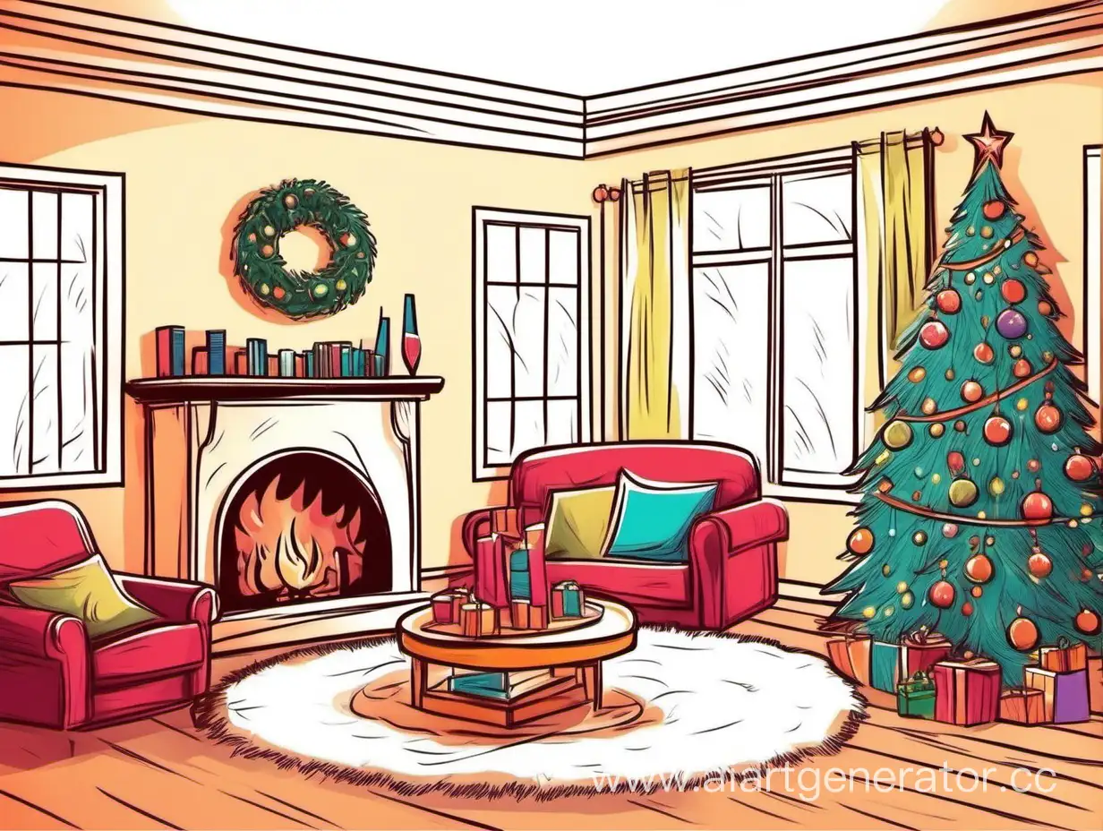 нарисуй уютную домашнюю гостиную с диваном камином и одной новогодней ёлкой посередине много места в комнате красочная
