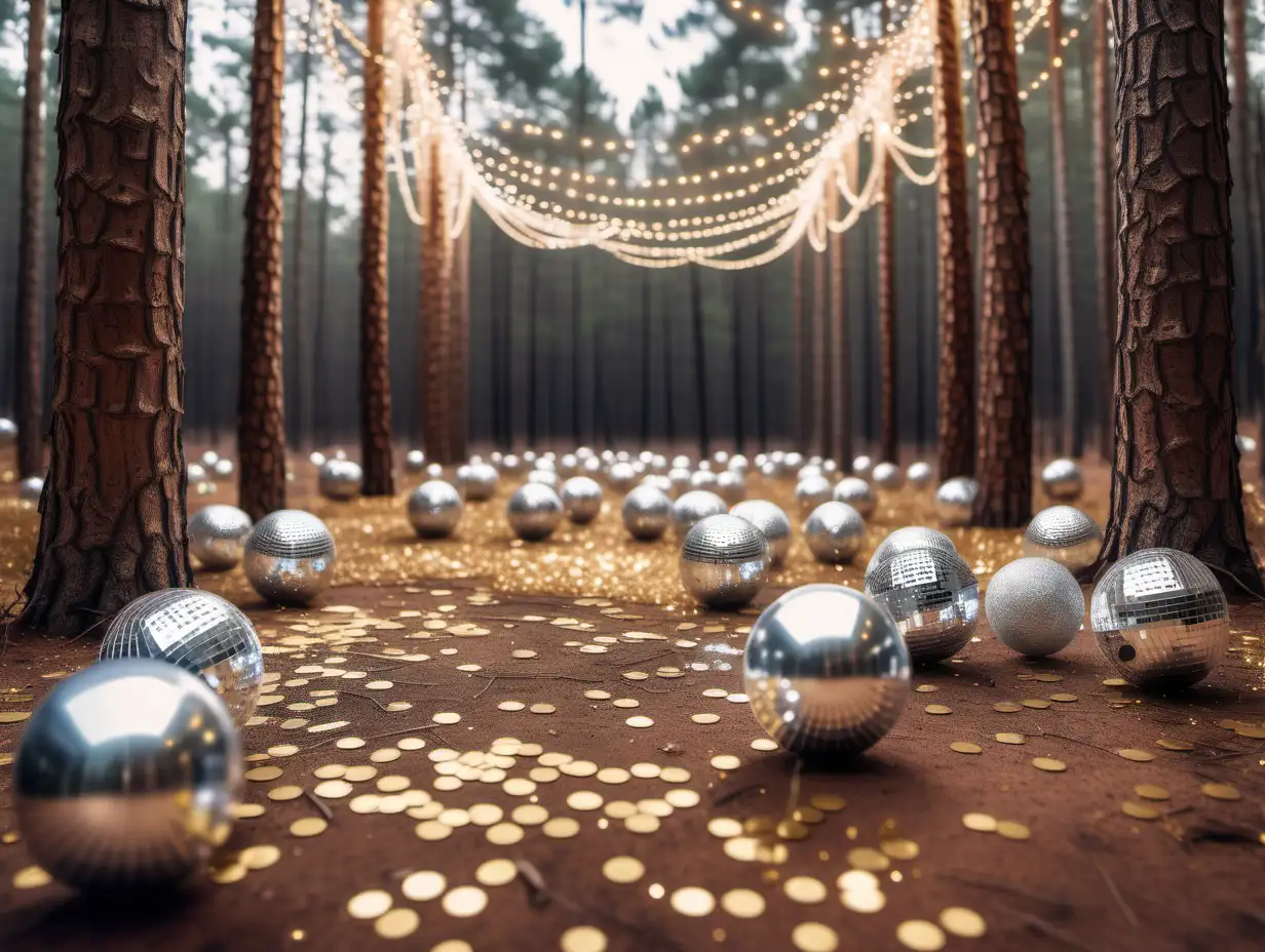 new years eve party in a pine forest. gold and silver confetti on ground, twinkle lights hanging from trees, clusters of disco balls on floor. DSLR style image quality. Moody, ambient, lighting. incredibly realistic. artistic, angled point of view. 