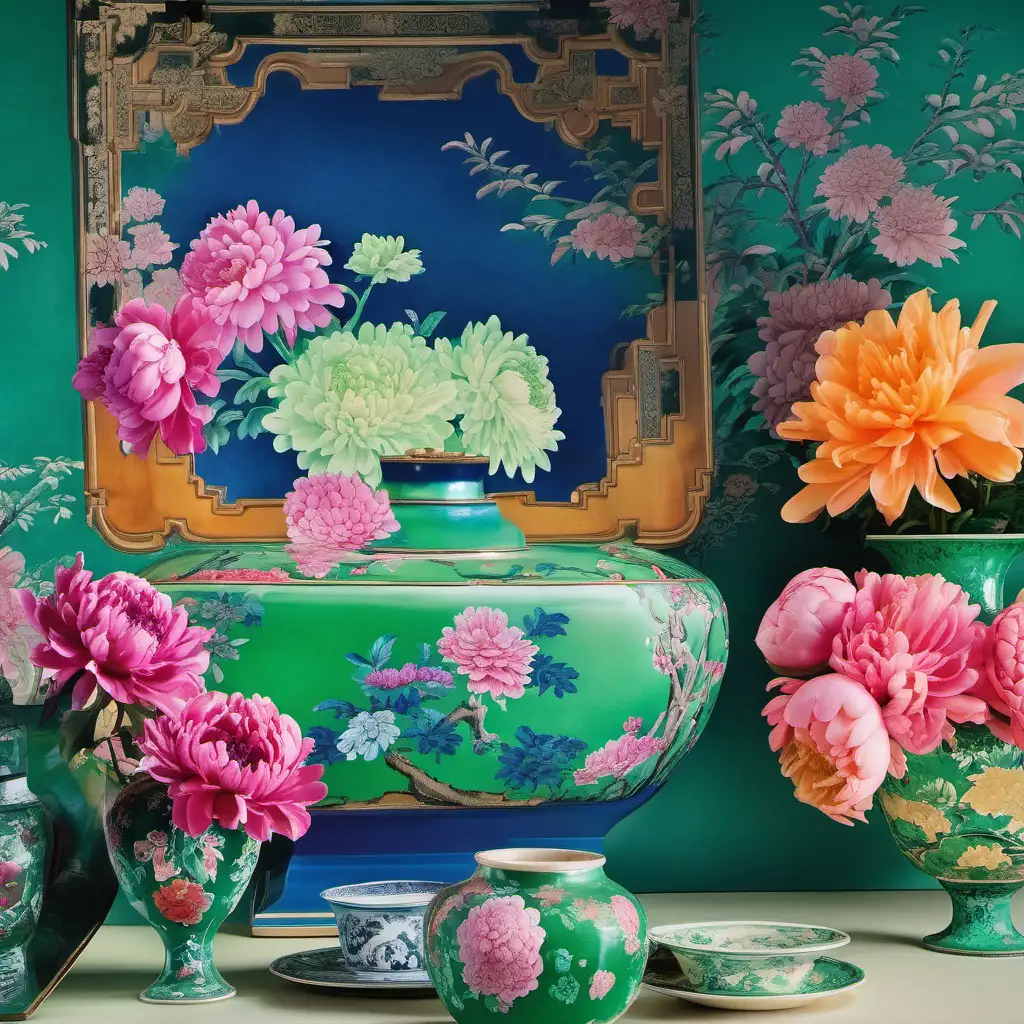 Green chinoiserie wallpaper, a chinoiserie vase off chrysanthemums and peonies on table, pink velvet drapery, 
