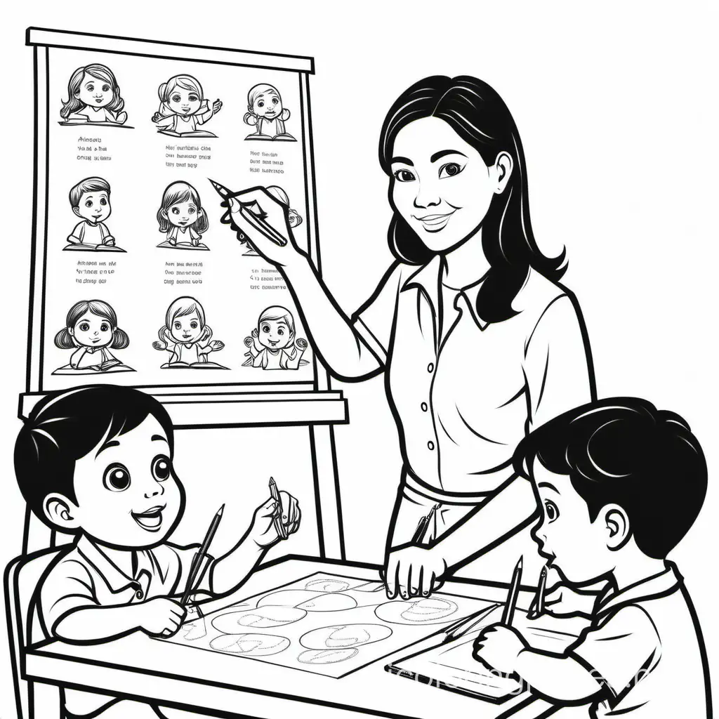 Female Brunette teacher in Thailand teaching English to five and six year old children, Coloring Page, black and white, line art, white background, Simplicity, Ample White Space. The background of the coloring page is plain white to make it easy for young children to color within the lines. The outlines of all the subjects are easy to distinguish, making it simple for kids to color without too much difficulty