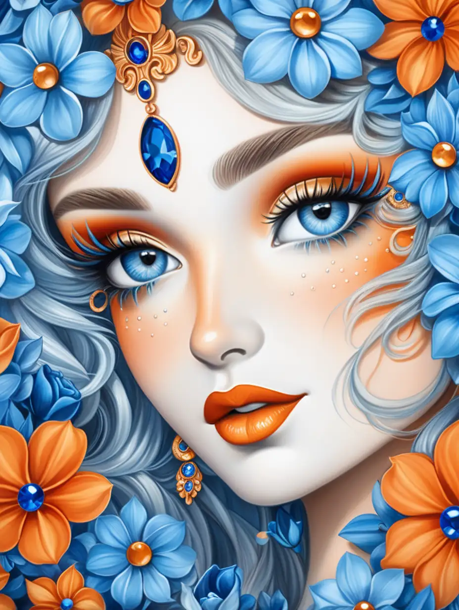 a elegant ladies face in cartoon style closeup, surrounded by blue jewels and same small colored blue and orange flowers, she got blue eyes and red lips 