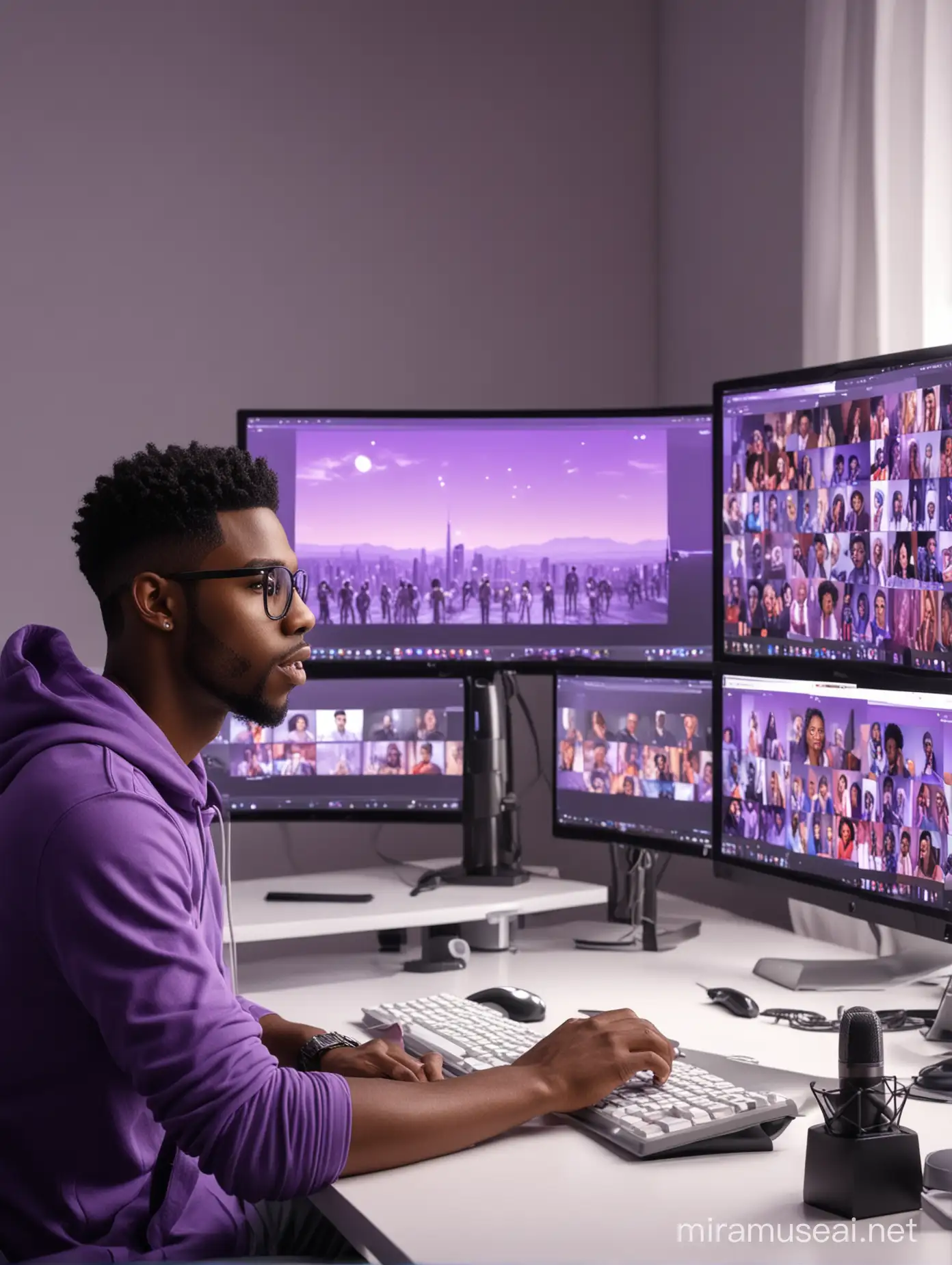 black male youtube content creator with in very large studio room, white and purple lighting, sitting looking at his desktop pc, microphone sitting at the desk, creating high quality images of young and old male and female human avatars on the large monitors, highly visible on large monitors,  Ultra High Quality, Ultra HD, 8K, Vivid Brushstrokes