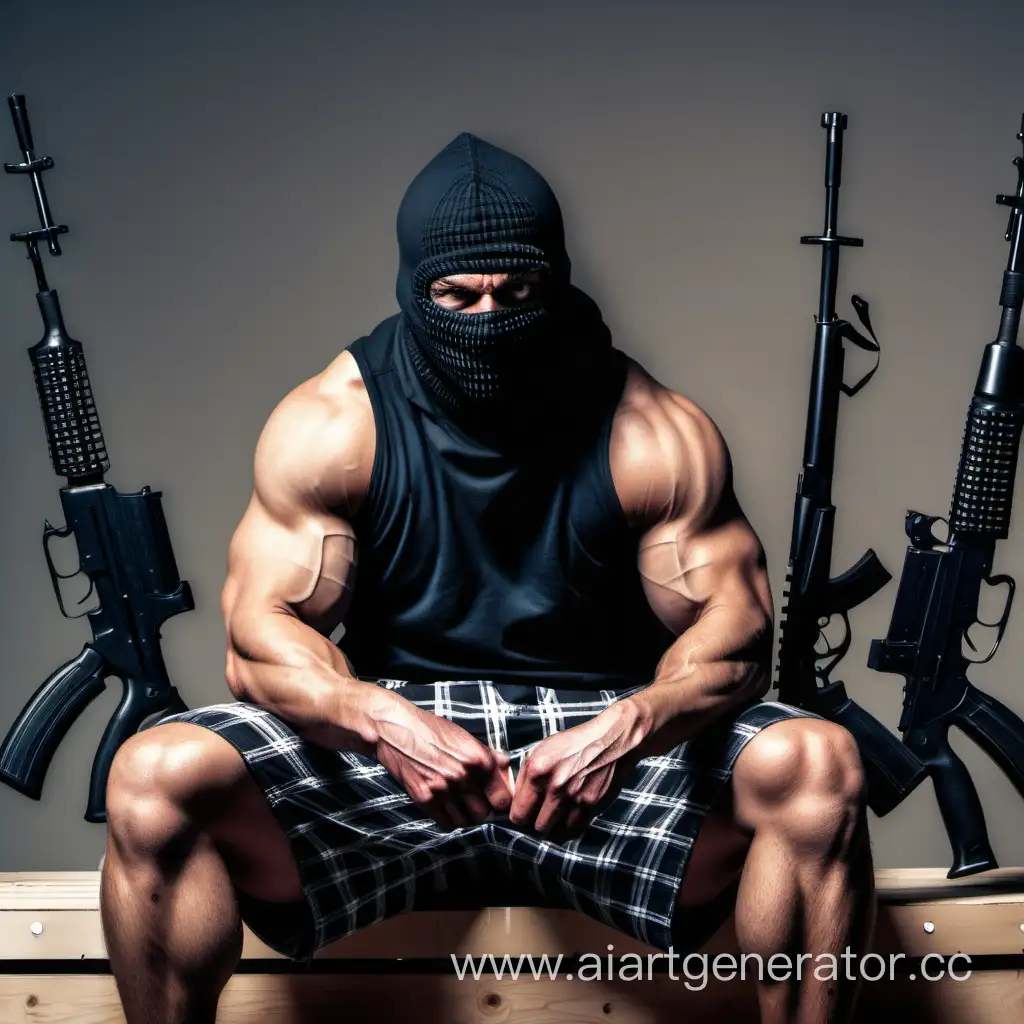 A muscular criminal in a Balaclava and plaid shorts and shingles sits against the background of weapons