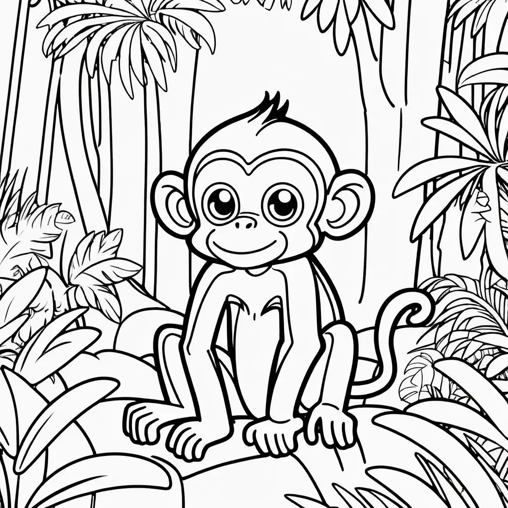 kids colouring page, low detail, no shading, thick lines, cute cartoon monkey, jungle setting, cartoon style, no background,