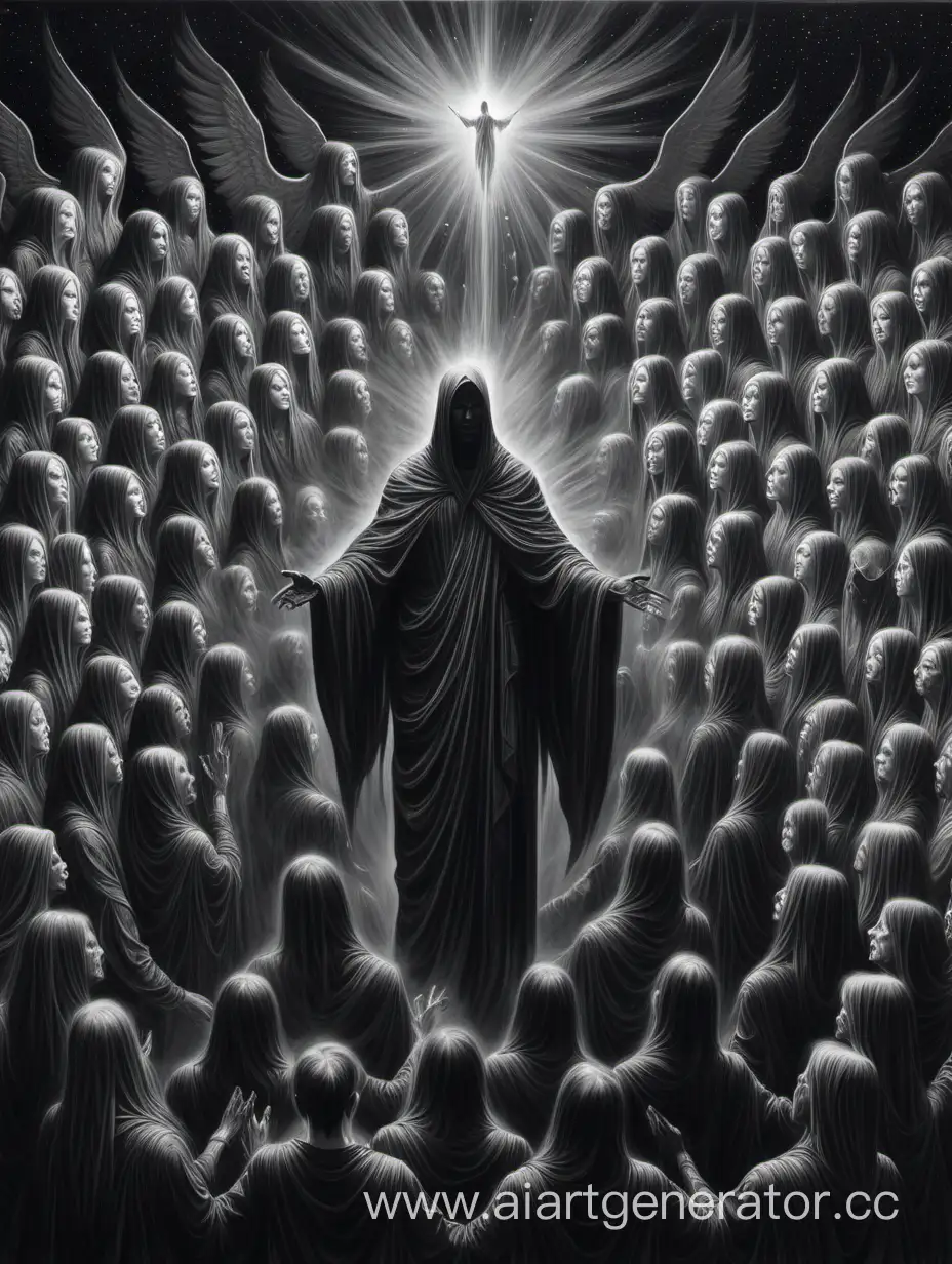 Черно белая  с серыми оттенками картина изображающая рунами дух вселенной управляющий всеми людьми тонкими нитями судьбы 
