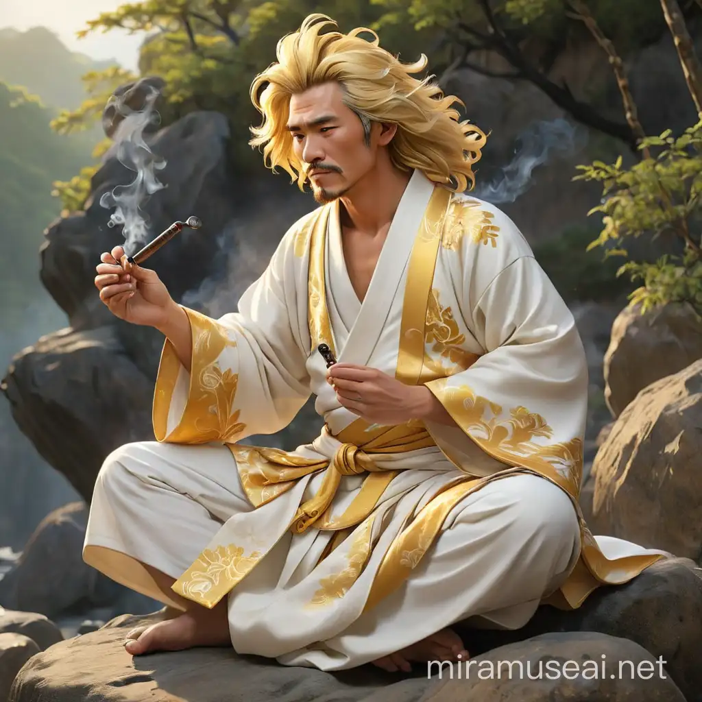 Мужчина одетый в бело золотое кимоно, курящий трубку, и сидящий на скале, ветер развивает его золотистые светящиеся волосы