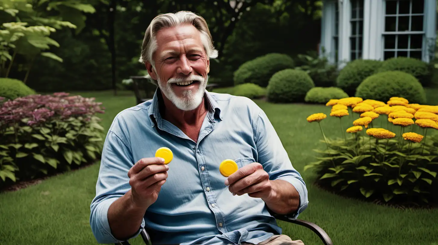 American man of 40 years relaxing in landhouse garden offers a single candy