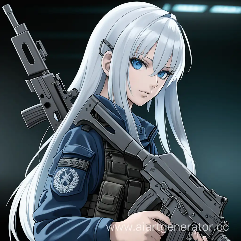 Аниме женщина, лет 30-40, держит в руках оружие AK-47, с голубыми глазами, в тактической одежде, с белыми волосами, в темном помещении