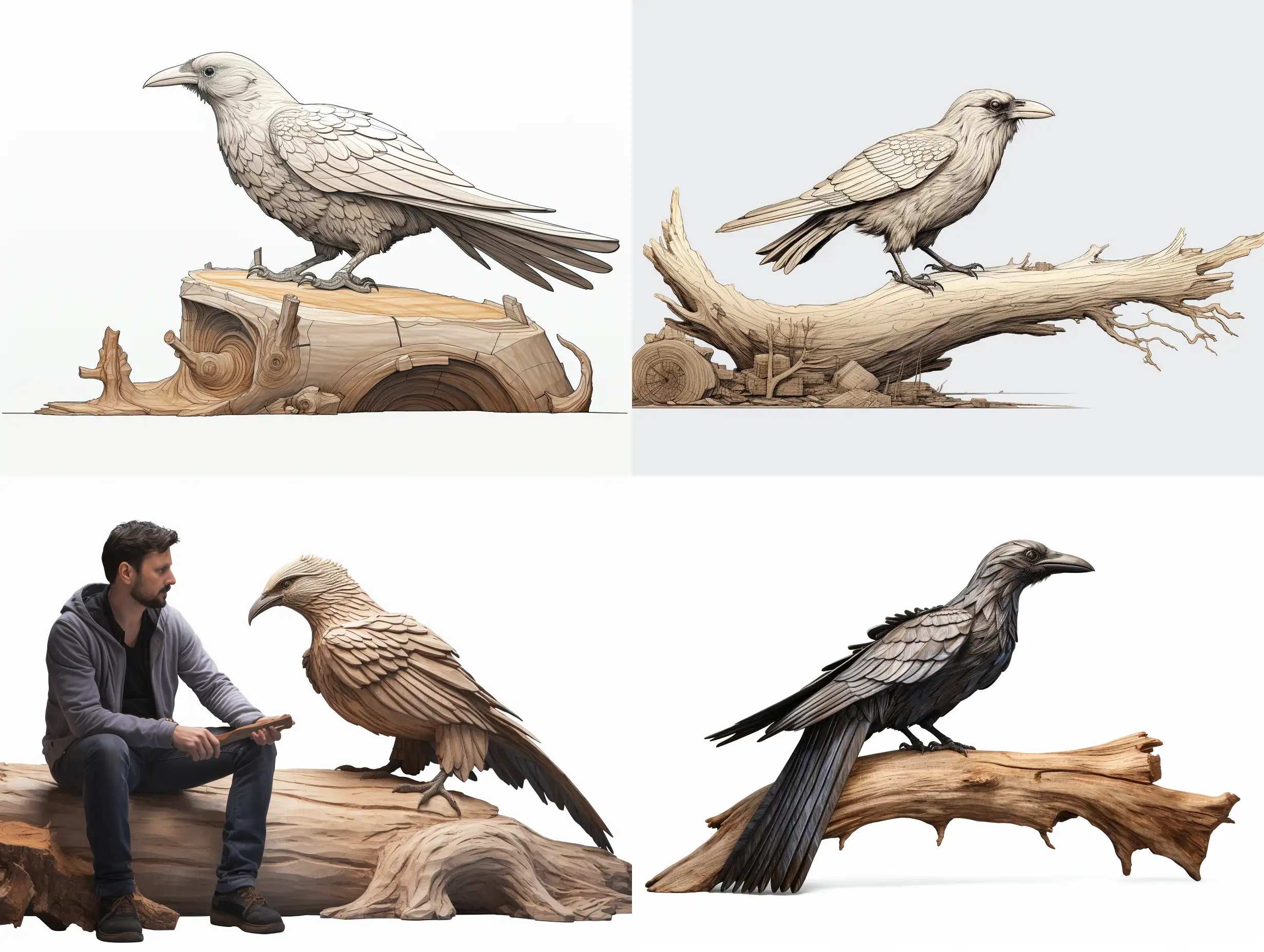 Professional sketch for wooden sculpture, a full-length raven sits in profile on a large wooden obliquely cut log wings slightly spread, professional dynamic character, wood carving, ready for battle 3d, white background, 8k Render, ultra realistic