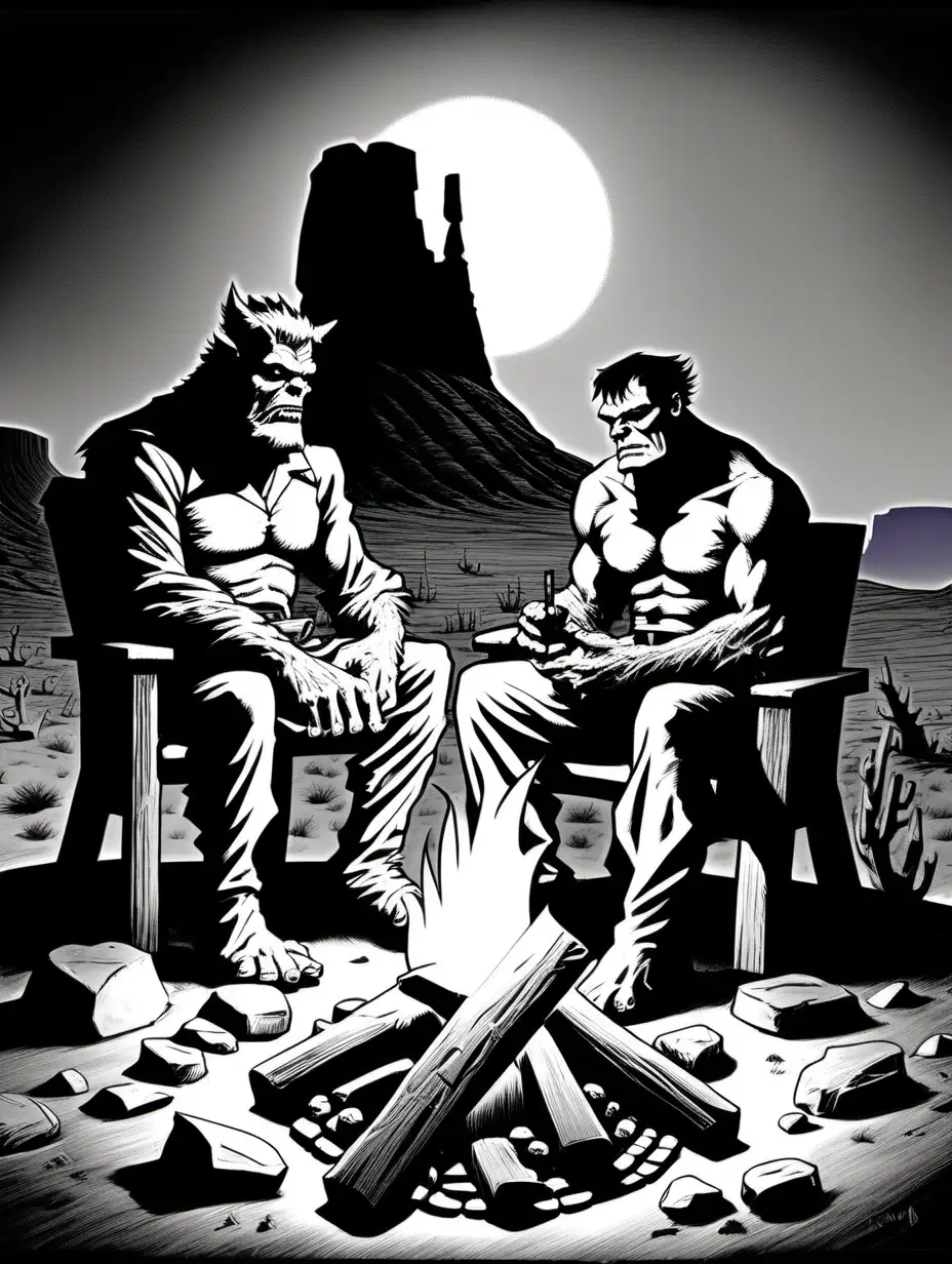 wolfman and frankenstein sitting around a campfire in monument valley frank frazetta style
