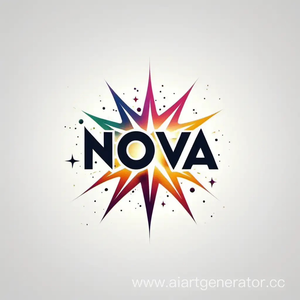 Минималистичный логотип для маркетплейса с названием Nova.  На изображении должна быть взрывающаяся звезда и текст с названием сервиса. Логотип должен быть выполнен в ярких цветах на белом фоне