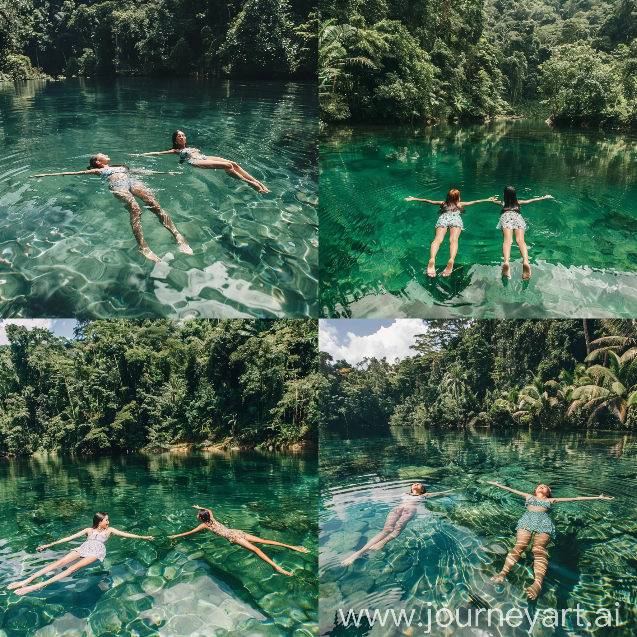 Indonesian-Girls-Floating-on-Clear-Water-at-Jungle-Lake