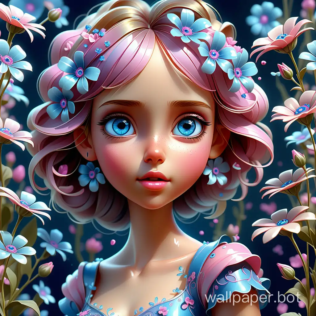 Bright 3D digital illustration of a lovely girl in full height, detailed eyes, around her there are many detailed small blue and pink flowers with transparent thin delicate petals, delicate, fabulous, surreal, with intricate details, beautiful, romantic, mysterious, imitating the liveliness of Disney and magnificent oil paints. by Christian Riese Lassen, glitter, glitter, clarity, high quality, 4K