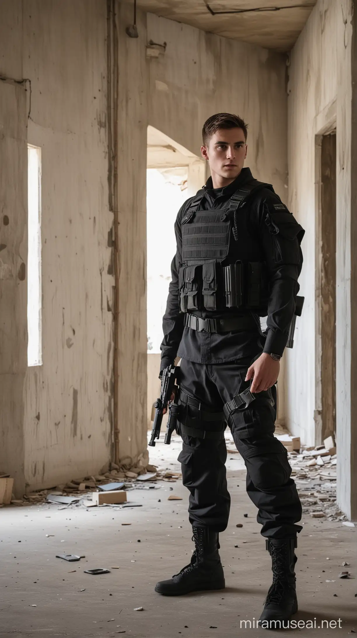 Young Soldier in Tactical Gear Stands Alone in Abandoned Structure