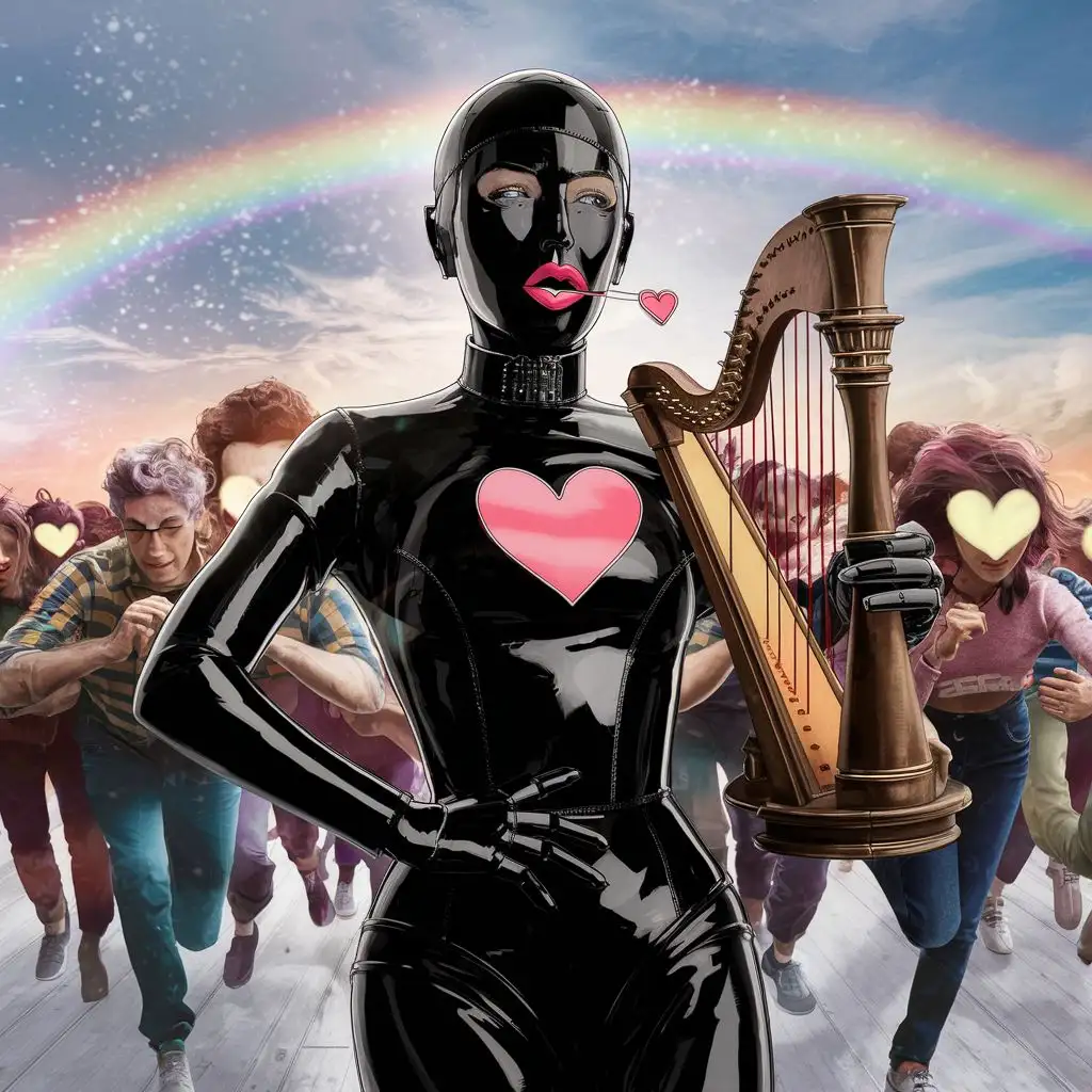 Enchanted-Robot-Musician-in-Latex-Suit-with-Captivated-Crowd-Under-Rainbow