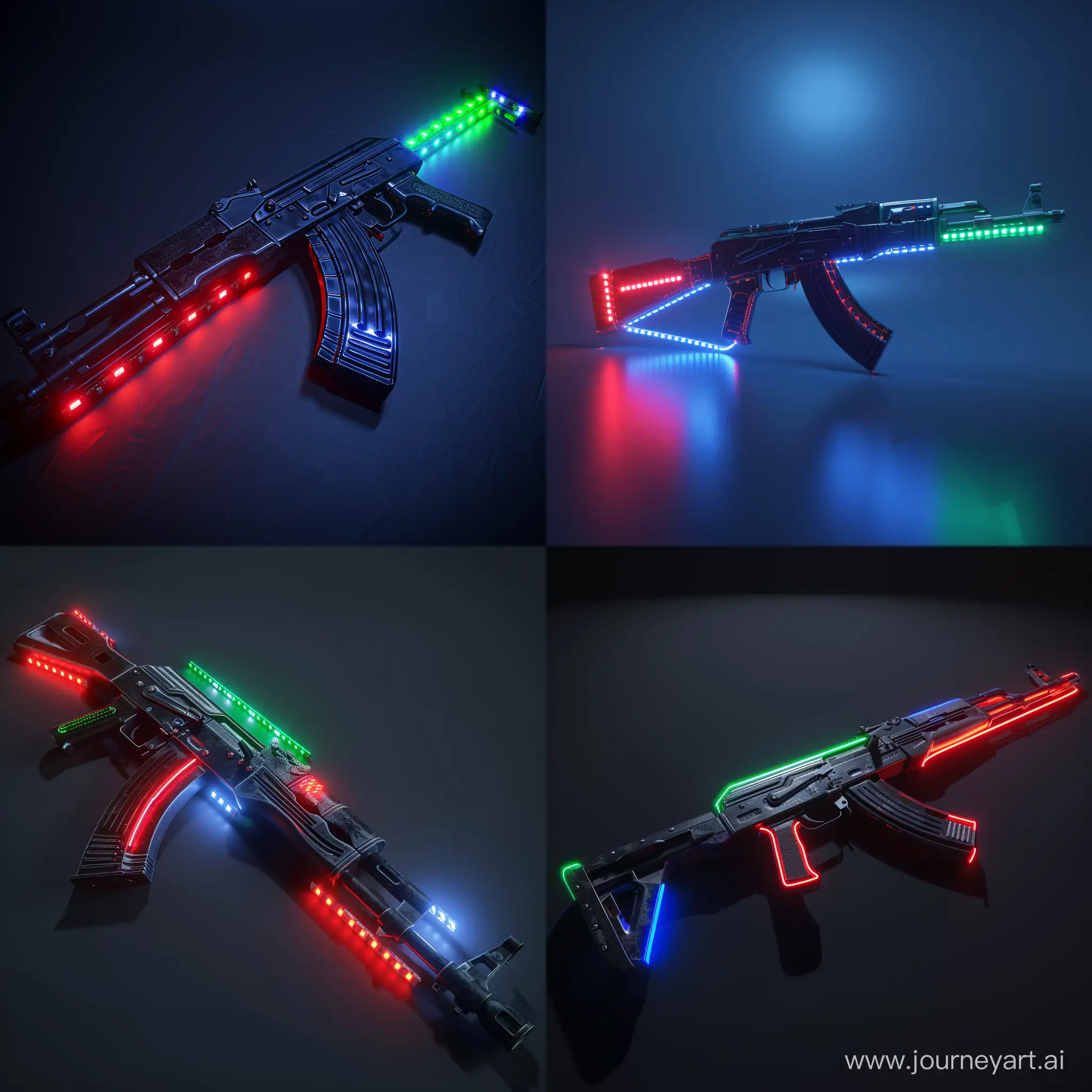 Futuristic AK-47, octane render, red LED stript lights, green LED strip lights, blue LED strip lights