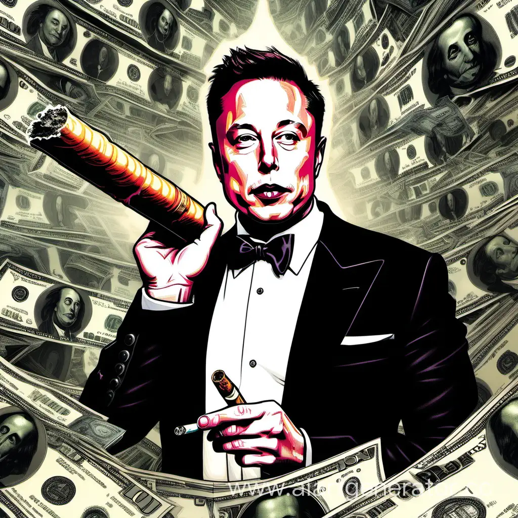 Илон Маск на фоне денег и ракеты с сигарой в руке