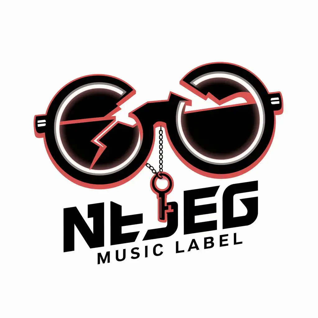 логотип музыкального лейбла , очки расколотые , в очках виден ключ на подвеске , черное красные цвета , много неона 