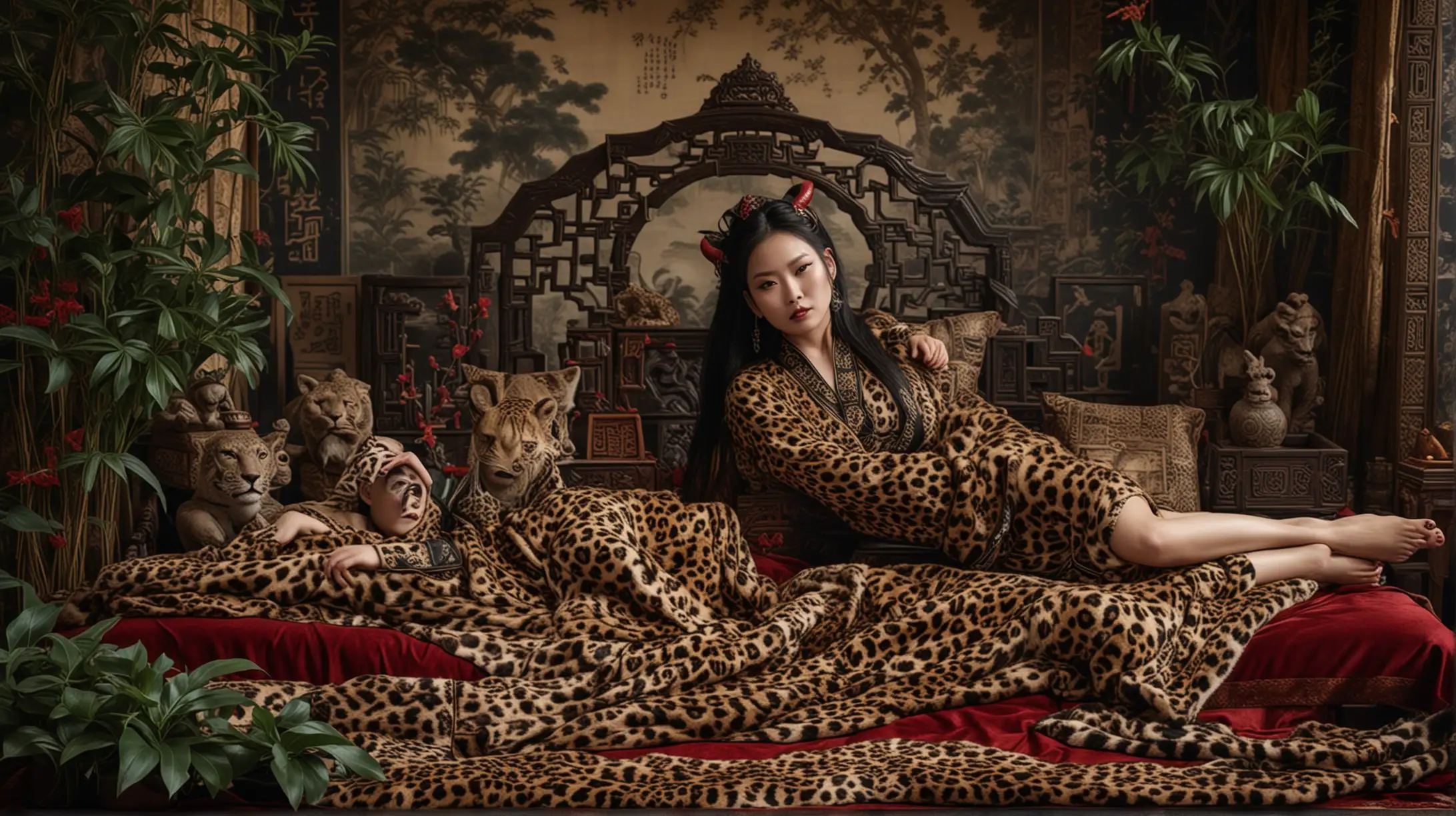 photo image of a sensual Chinese devil woman, reclining on a bed of leopard skins,  surrounded with screens printed with foliage and occult symbols