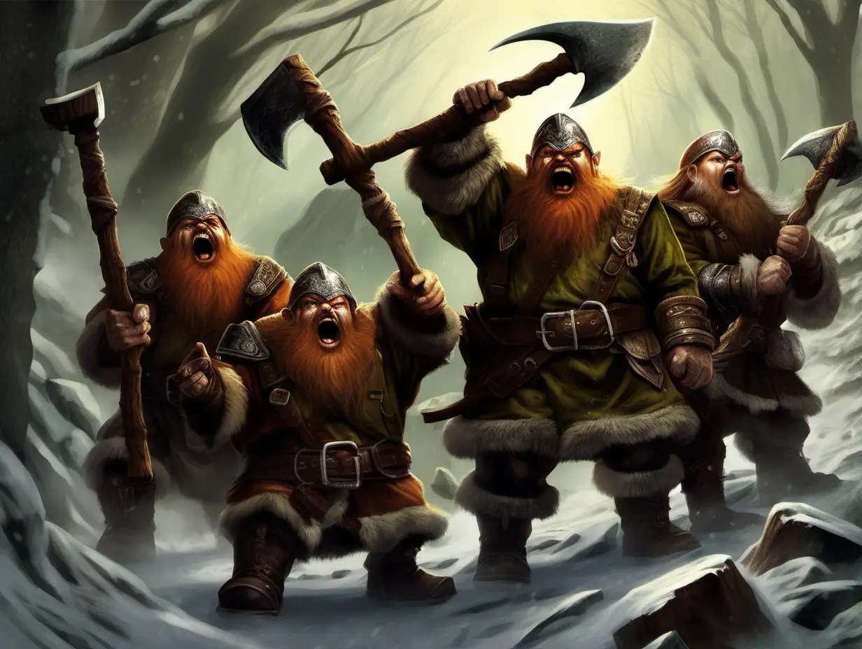 Epic Fantasy Scene Dwarf Rangers Rallying with Raised Axes and Fierce Battle Cries