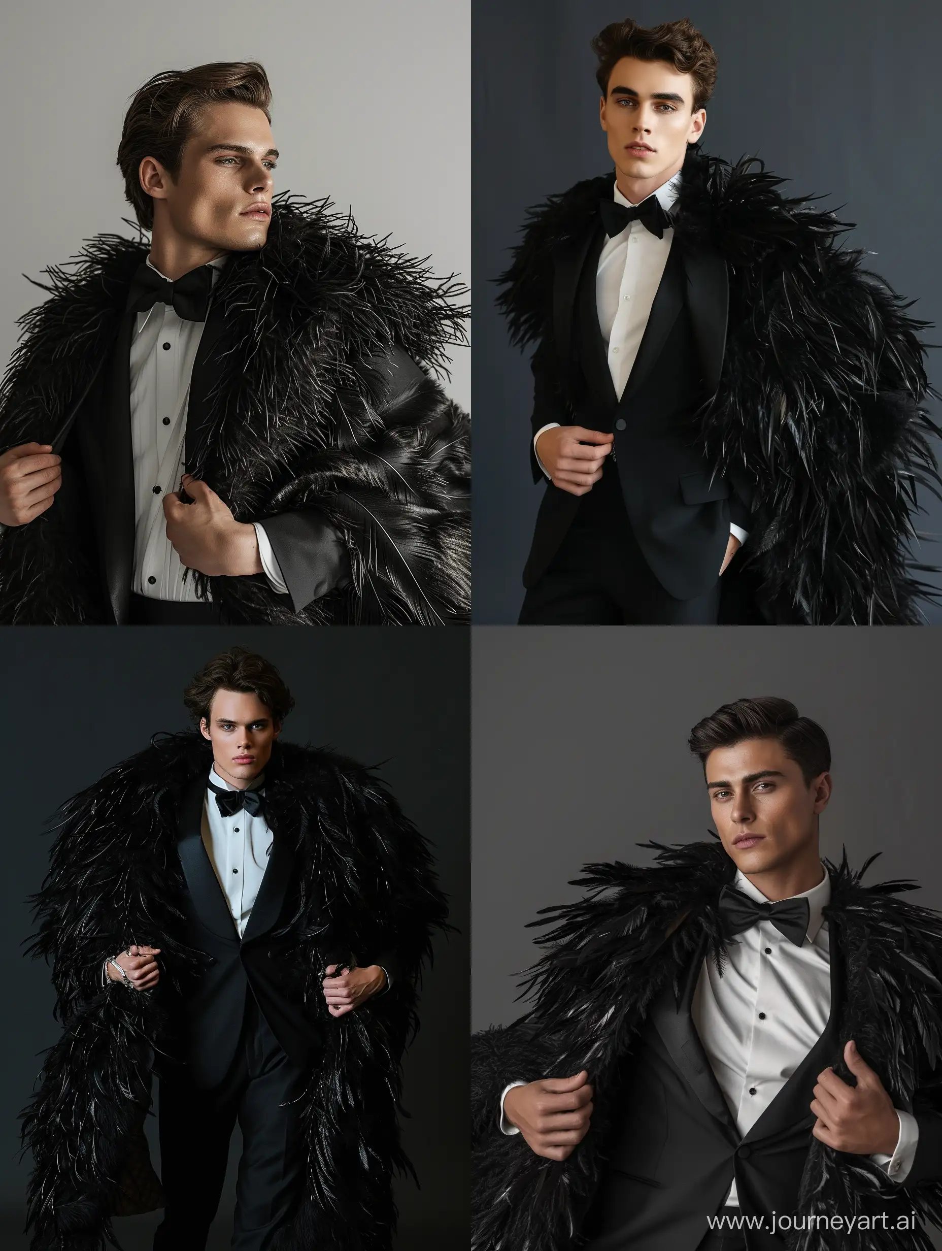 Cool, fantastic, a hyper-realistic photo a luxury 20 y.o guy in a black tuxedo and a fur coat made of black ostrich feathers, in Old Hollywood style, dynamics of angle, posture, effect of movement
