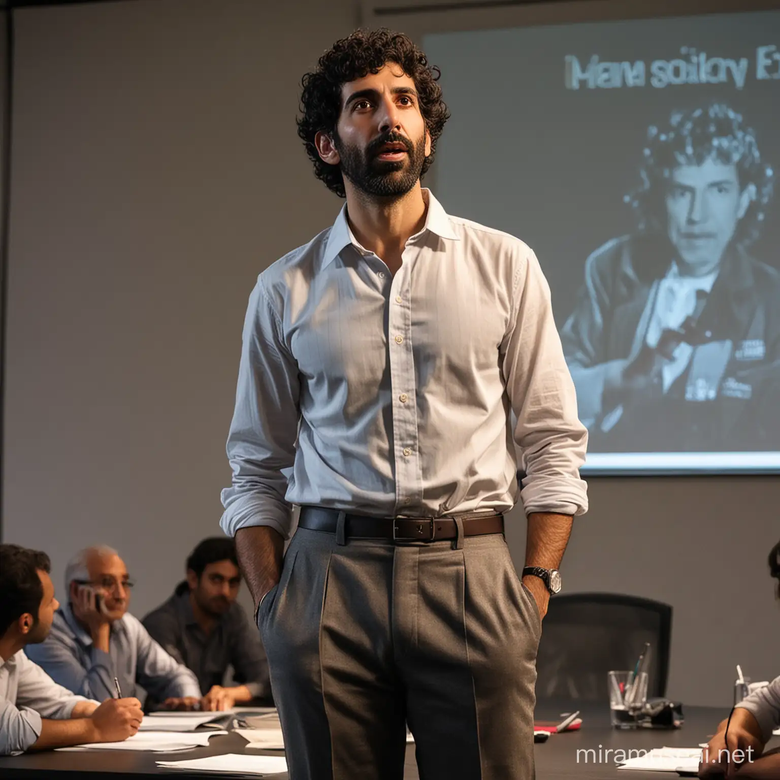 Jim Sarbh in a board meeting, in the middle of a presentation, the light from the projector is falling on his face. He is wearing crisp shirt and amazing work pants with no creases, full length image
