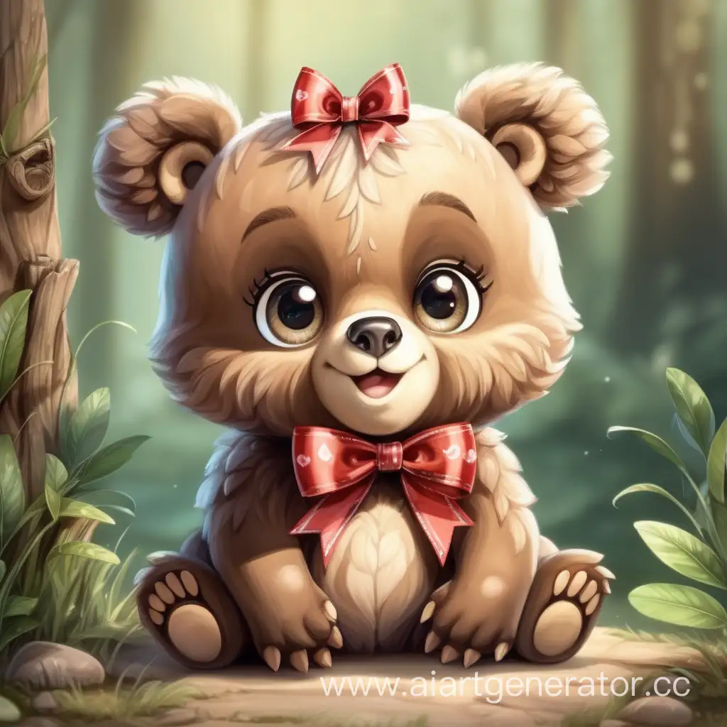 
A cute bear cub with big eyes and a bow on his head smiles and looks straight
