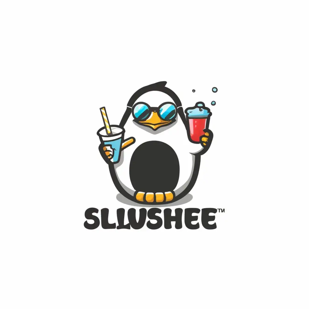 a logo design,with the text 'slushee', main symbol:cool penguin with sun glasses holding a slush drink in hand captioned Slushee,Minimalistic,clear background