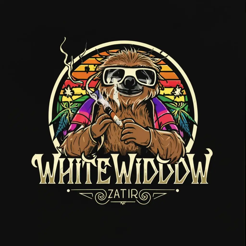 a logo design,with the text "WHITE WIDDOW", main symbol:a very old white sloath with white fur wearing glasses and  a veal in front of its face, which is hanging on a cannabis plant. The sloath is smoking a cigar. Make everything colorfull like a rainbow. Use a lot of saturated colors ,complex,clear background