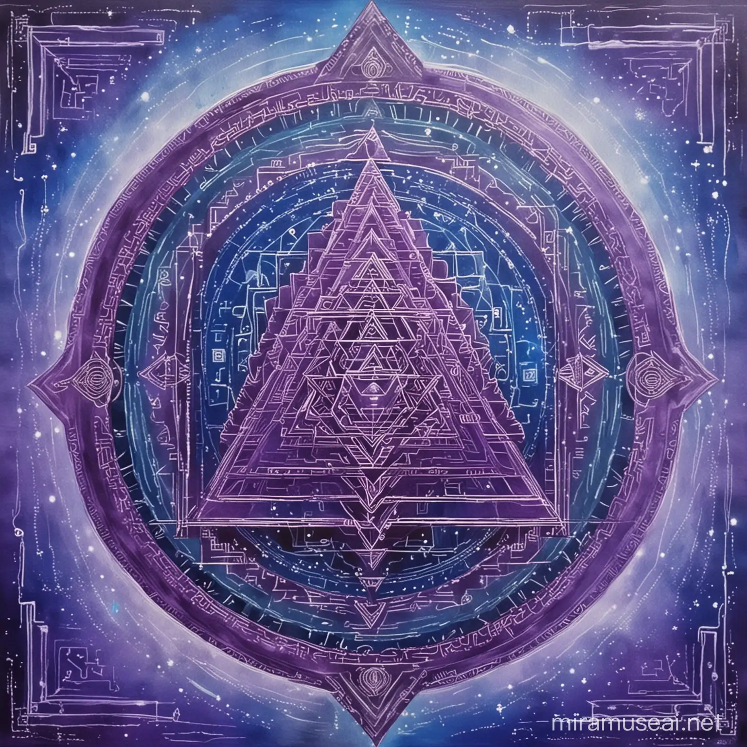 create an artwork that encompasses the notion of someone being connected to something greater than themselves. make it otherworldy and divine. please theme the colours deep blue and purple, a sri yantra and a connection to something greater than ourselves