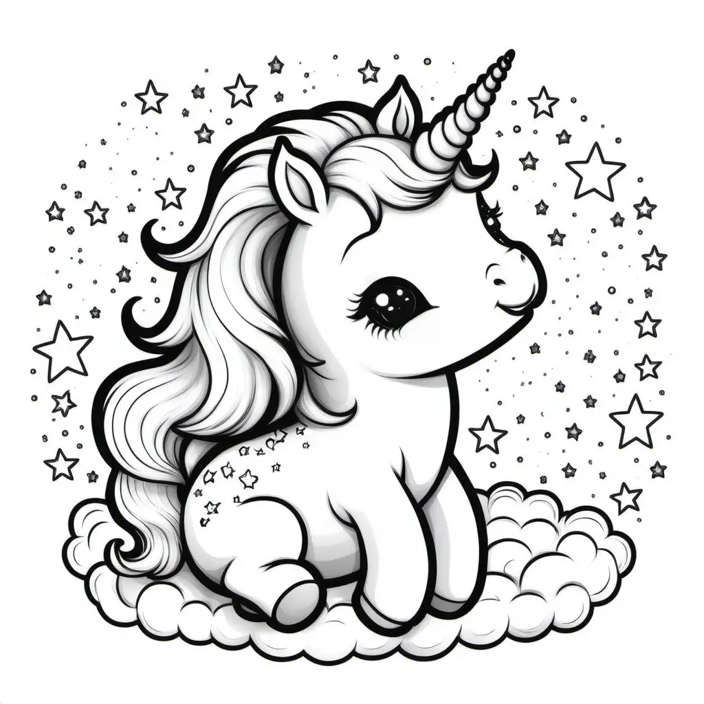 ssimple cute   baby unicorn sitting on back  , stars around
coloring page
line art
black and white
white background
no shadow or highlights