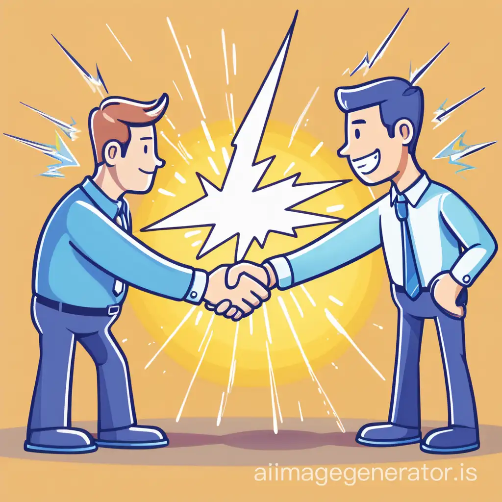 Draw in a cartoon style 
handshake between an employee and an employer from which lightning emanates