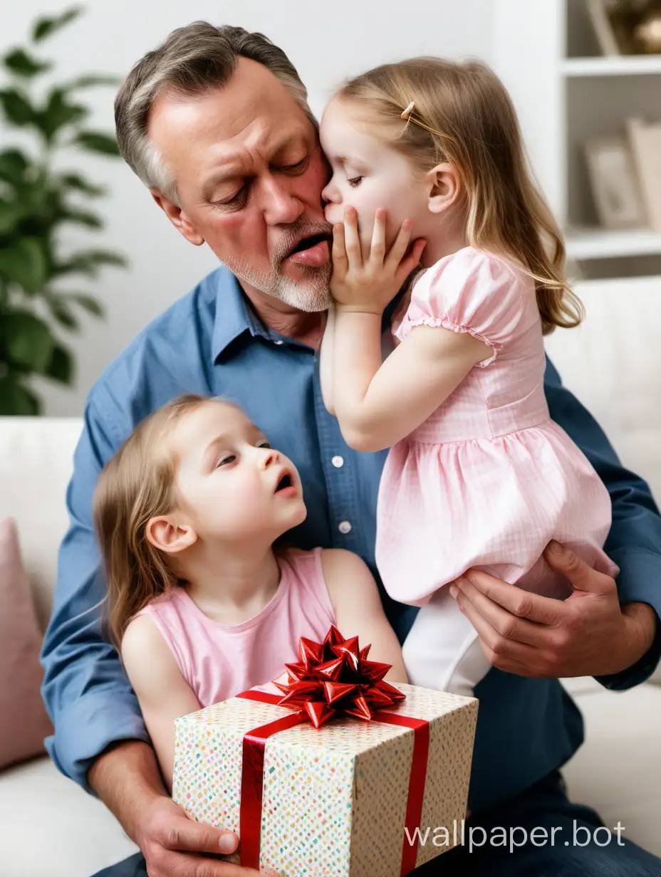 This is a real photo taken on Father's Day. The photo shows a middle-aged man and his daughter, both white Americans. A man is holding a gift box in his hand, a gift from his daughter, and his daughter is kissing his face. The whole picture presents a warm scene. Caucasian