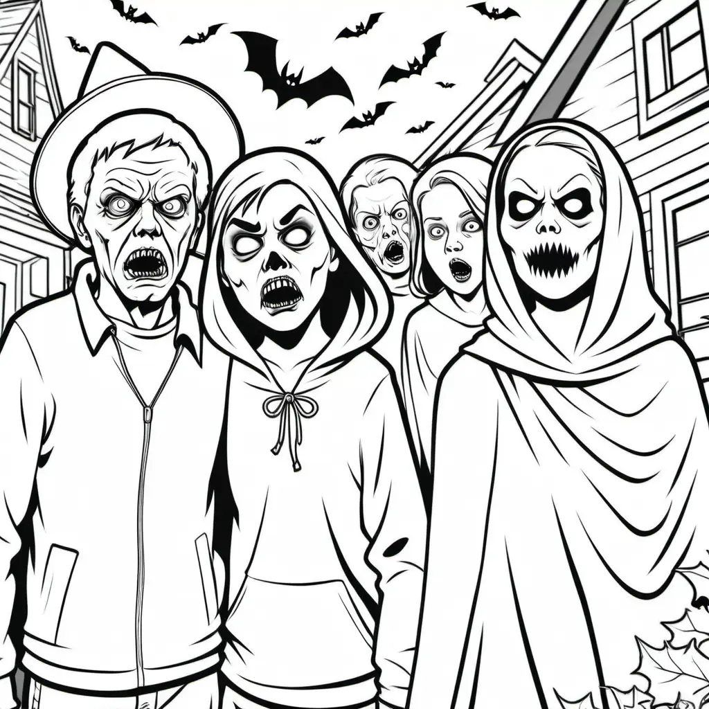 a simple black and white coloring book image of older teenagers 
looking scary at halloween, for coloring