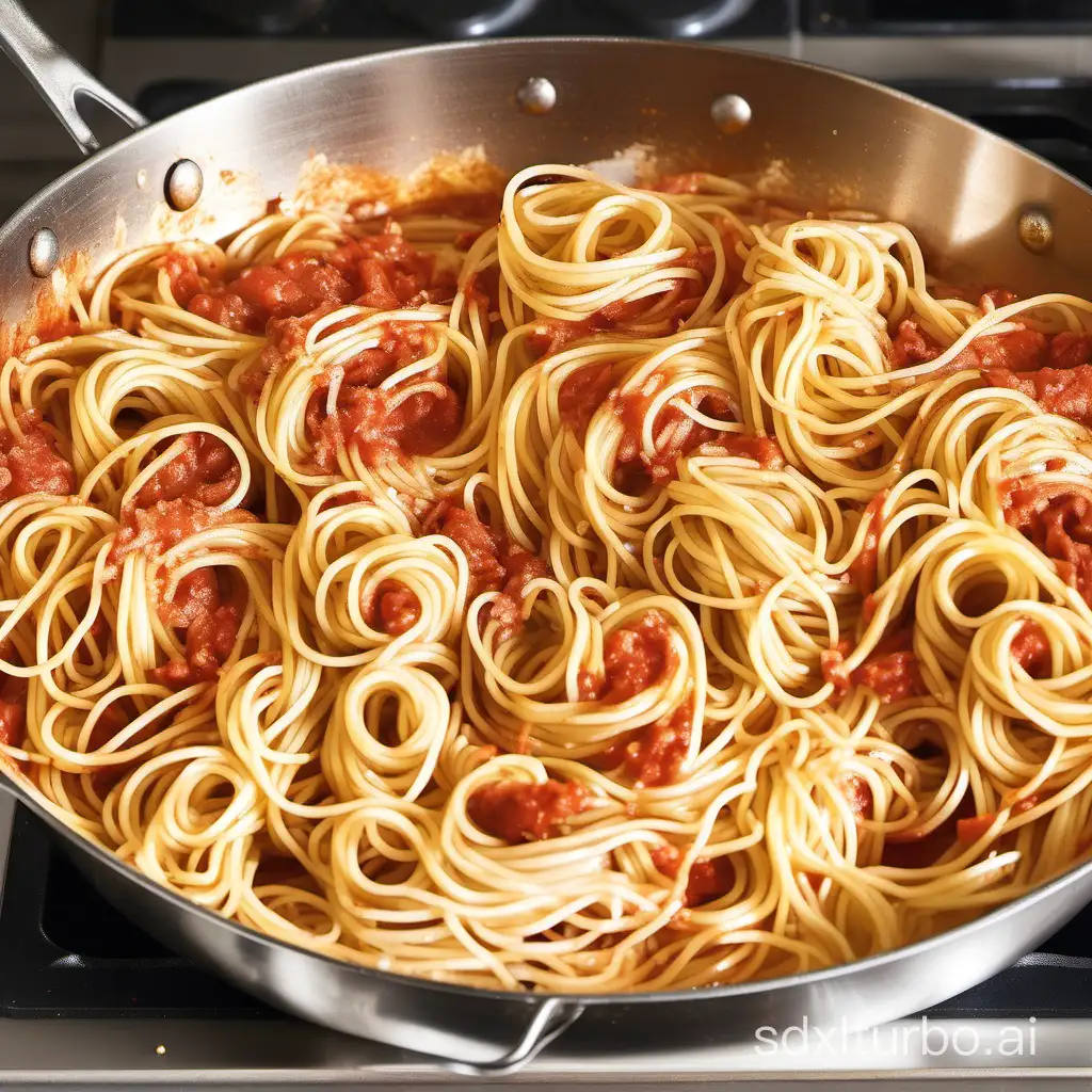 a pan full of spaghetti is cooking