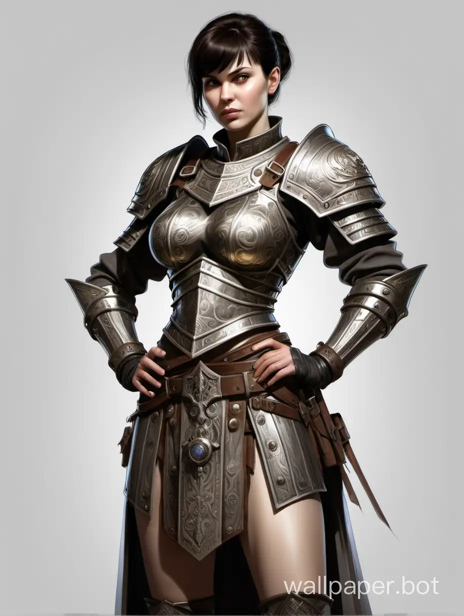 Svetlana Khodchenkova, a Russian female inquisitor raider, short dark hair with bangs, large 4-size chest, narrow waist, wide hips, ancient armor with metallic ornaments, bare abdomen, skirt with metallic overlays, black-and-white sketch, white background
