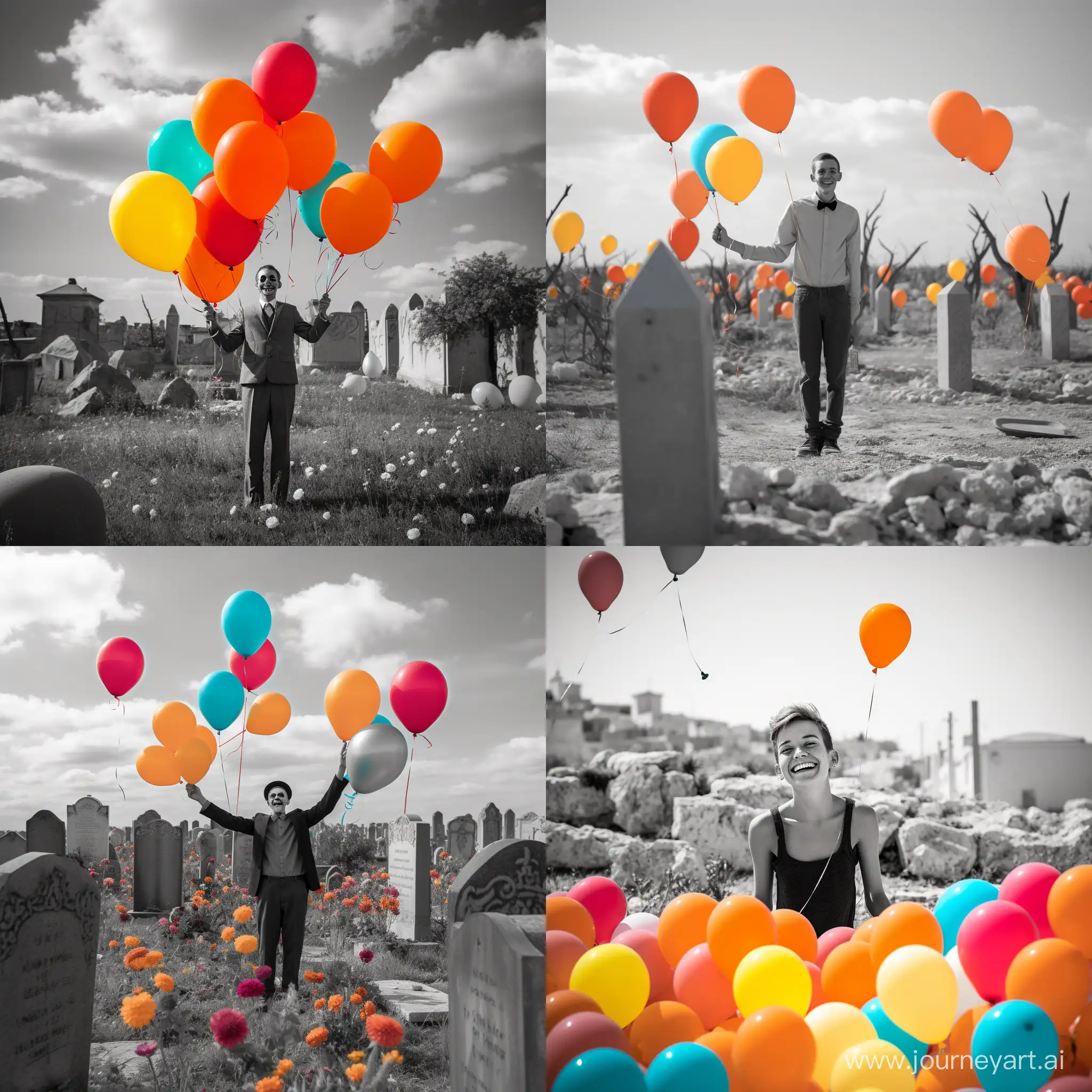 A clearly joyful and smiling person with a distinct happy expression, surrounded by colorful balloons, is standing in the middle of a desolate, colorless cemetery. The person  with a bright, open smile. The balloons are bright and glossy, with colors like orange, pink, yellow, and turquoise standing out vividly against the monochrome cemetery scene filled with old tombstones and lifeless trees. The image should evoke a strong contrast between the cheerful demeanor of the person and the starkness of the graveyard setting.