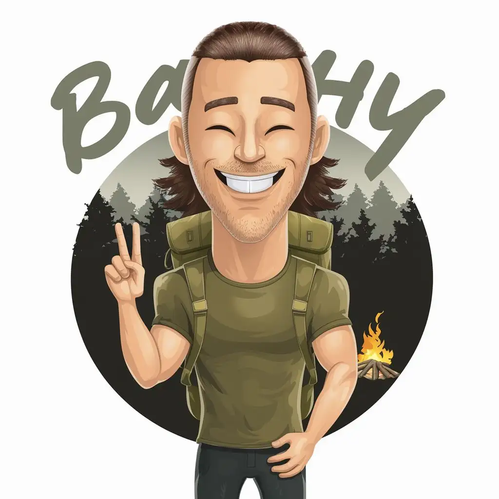 logo, 
a tall man with a shaved head on the sides and medium length brown hair on top, little muscular, he has a wide smile, closed eyes, white teeth, he is dressed in an olive t-shirt and dark pants, he has an olive backpack, behind him is a forest and a small fire, he is making a peace gesture,  cartoon style, with the text "Bachy", typography