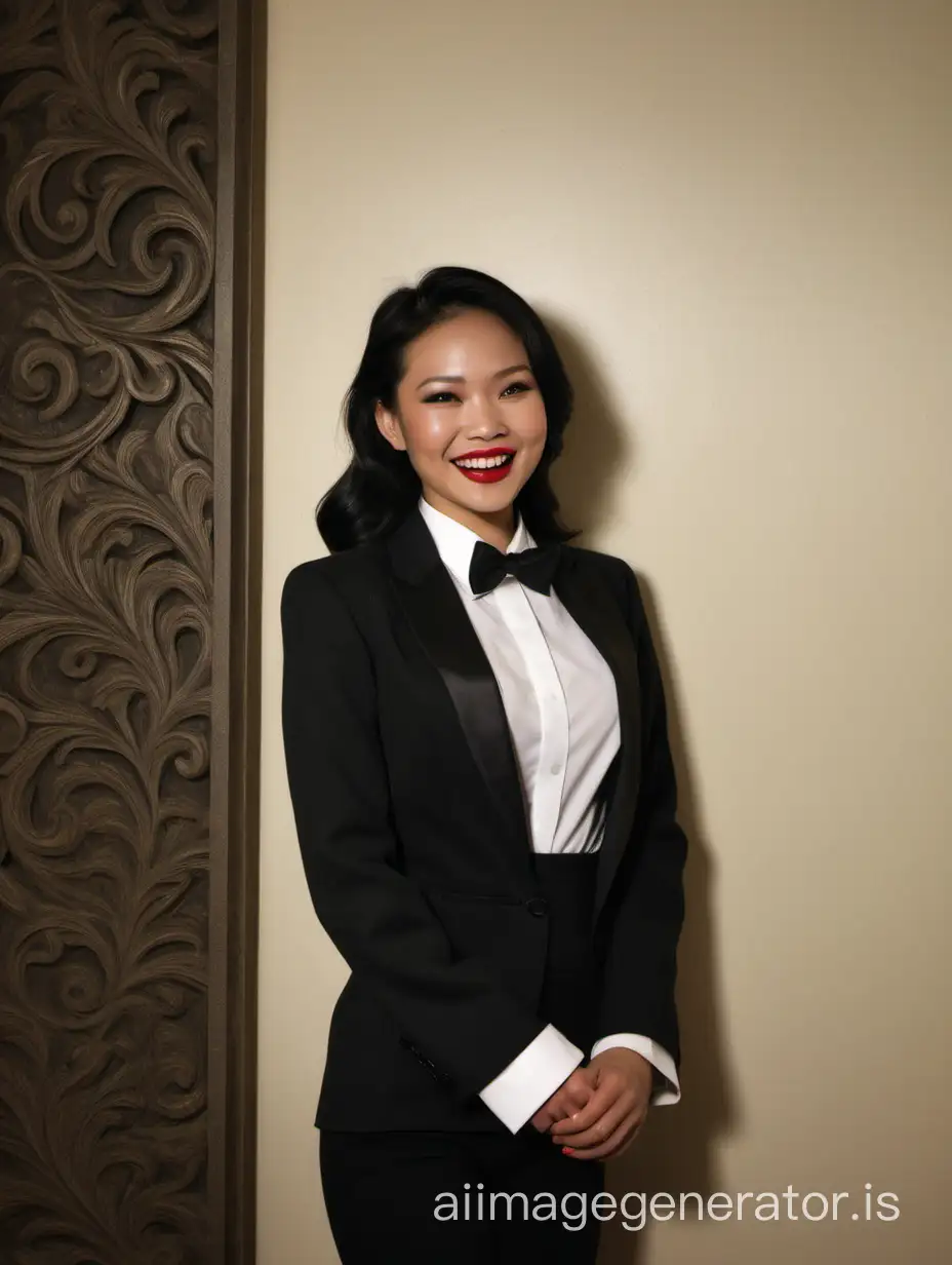 The scene is a dimly lit room in a wealthy mansion. A beautiful smiling and laughing Vietnamese woman with tan skin, long black hair, and lipstick, mid-twenties of age, is standing against a wall. She is wearing a tuxedo with a black jacket.  The jacket has a corsage. Her shirt is white with double French cuffs and a wing collar.  Her bowtie is black.   Her cufflinks are large and black.