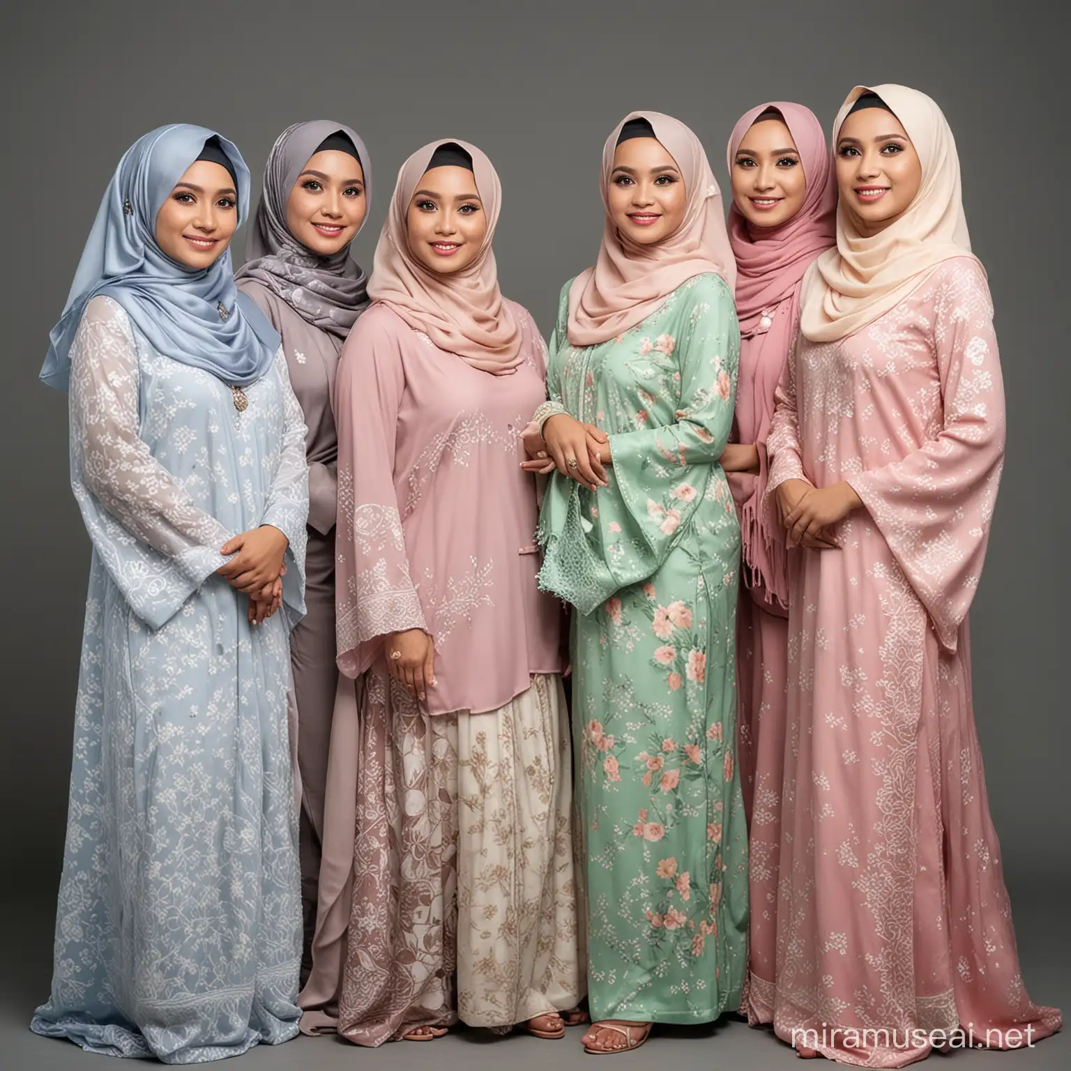 photoshoot Hari Raya di dalam studio ada 6 orang wanita melayu 35yo cantik bermata besar plain shawl hijab printed baju kurung kedah gaya model professional