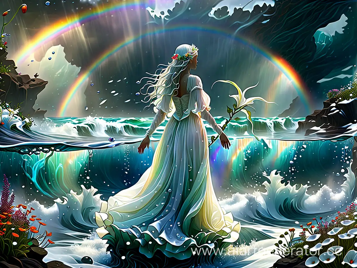 Ундина наколдовала океанскую магию и поливает ей цветы, радуга вдали, белоснежное платье.