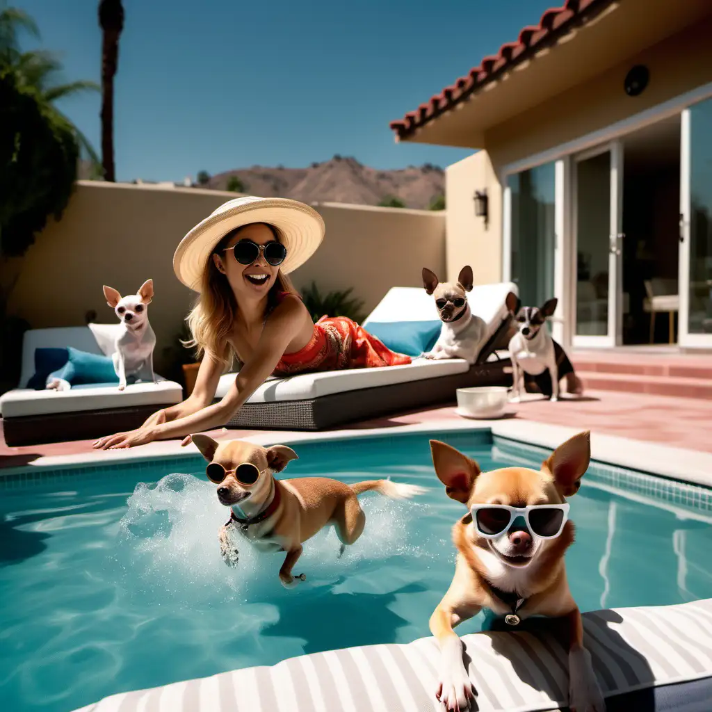 Young Mexican housemaid in luxury Hollywood mansion is running after chihuahua to stop it from peeing in the pool.
Another dog is lying on the sunbed with sunglasses on and a cocktail.
The third dog is lying on the air matress in the pool with the sun hat on.
Brad Pitt is watching everything and laughing.