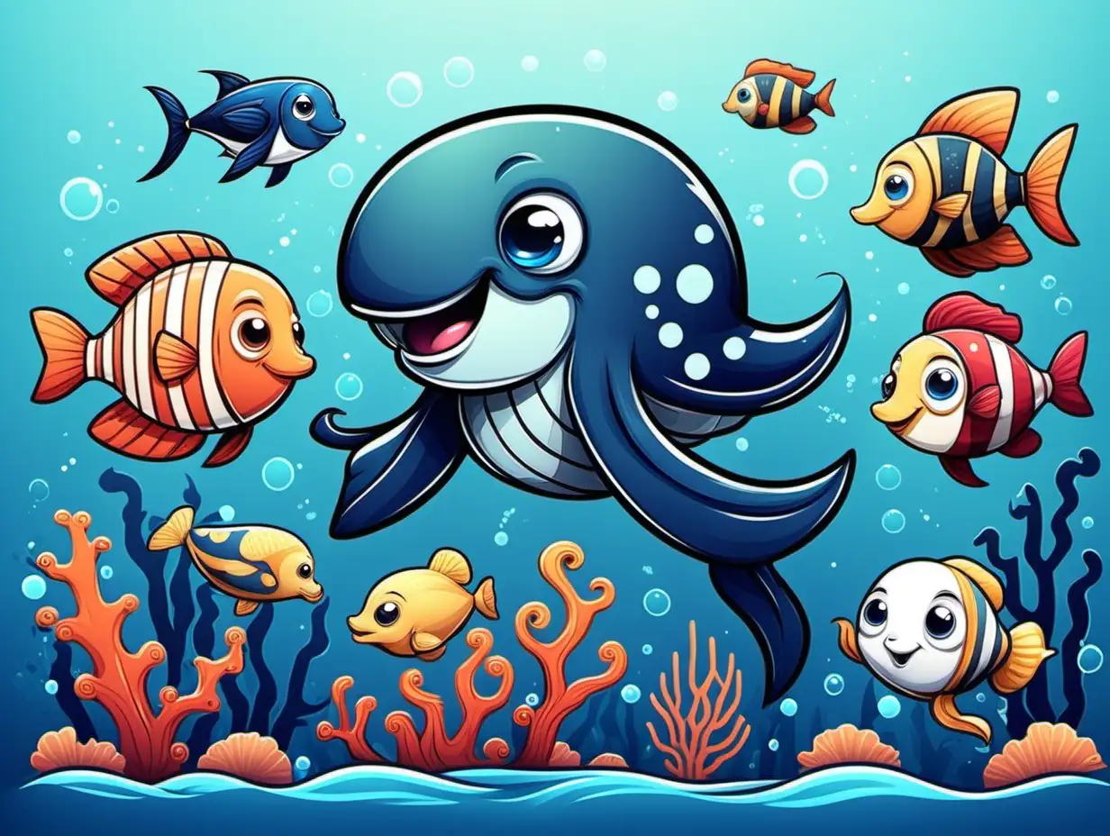 creame una composicion con por lo menos 4 tipos de animales marinos adorables cartoon style thick lines
