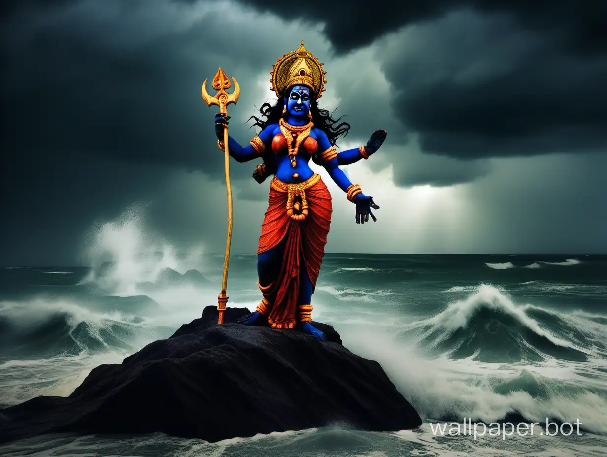 The goddess Kali in anger on the shore of the turbulent sea under a stormy sky in full stature