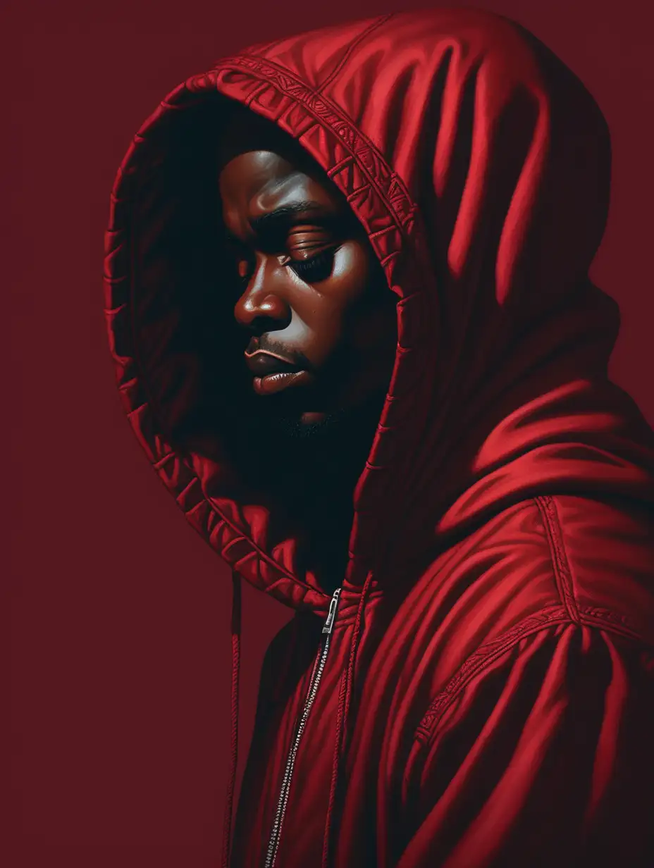 Dark skin holding head down, hood on, dark red background, wearing red, Renaissance