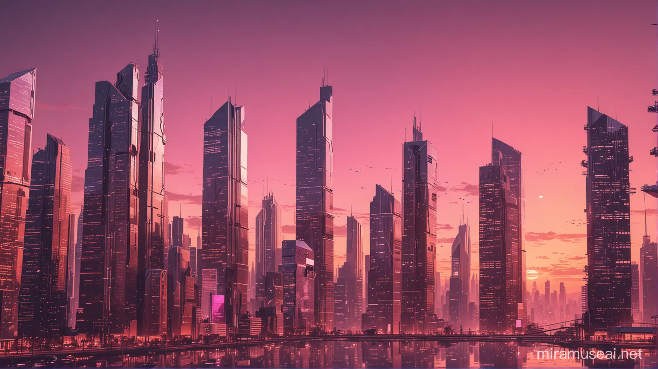 Imagine a sleek, futuristic cityscape at pinkish sunset with towering skyscrapers made entirely of digital assets. Think code blocks, gears, and charts forming the buildings.