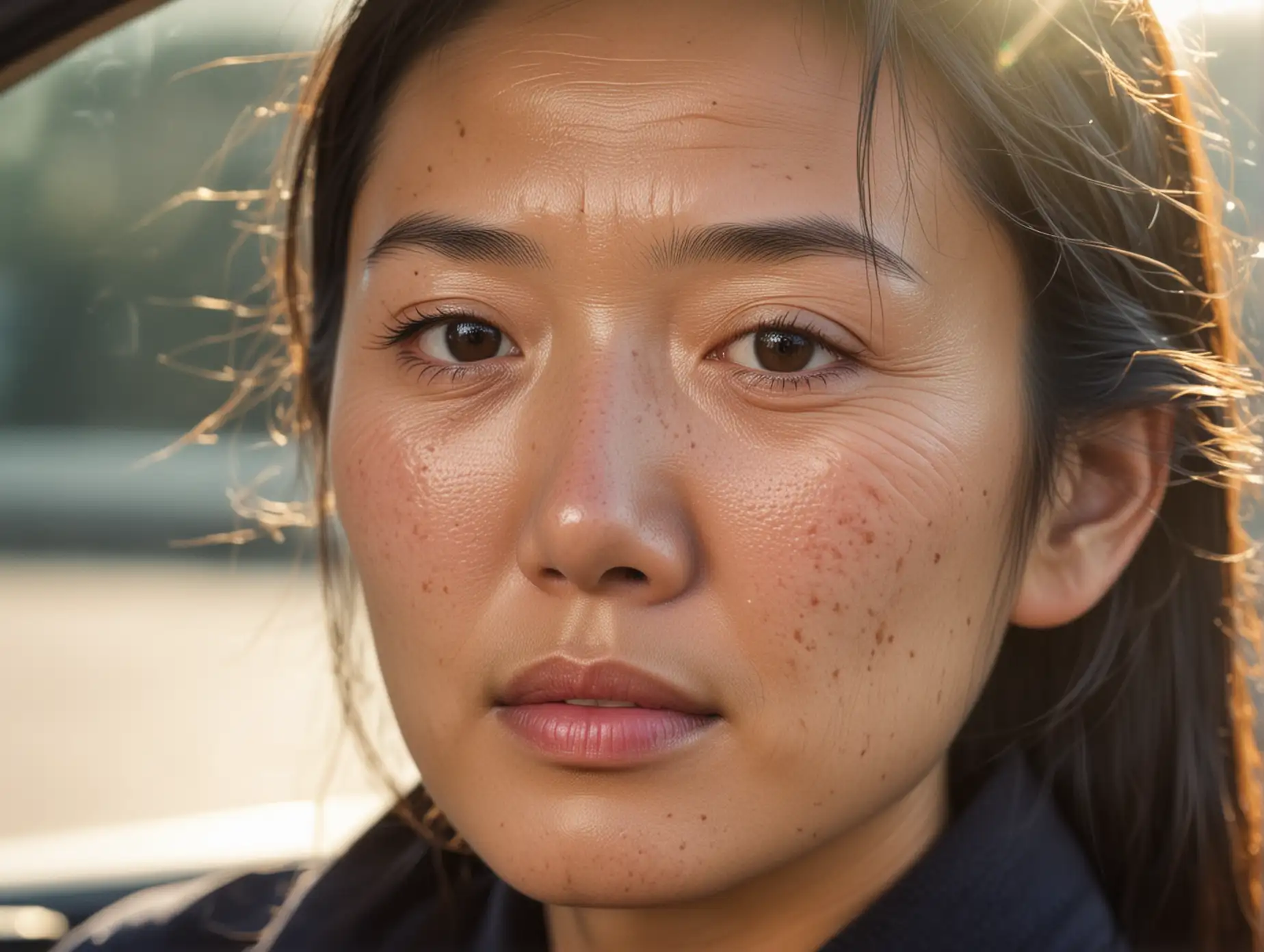 描绘一位中国女司机的脸部特写，一侧脸部有明显的皱纹和色斑，另一侧则相对年轻，背景中有阳光照射和车窗的反射。