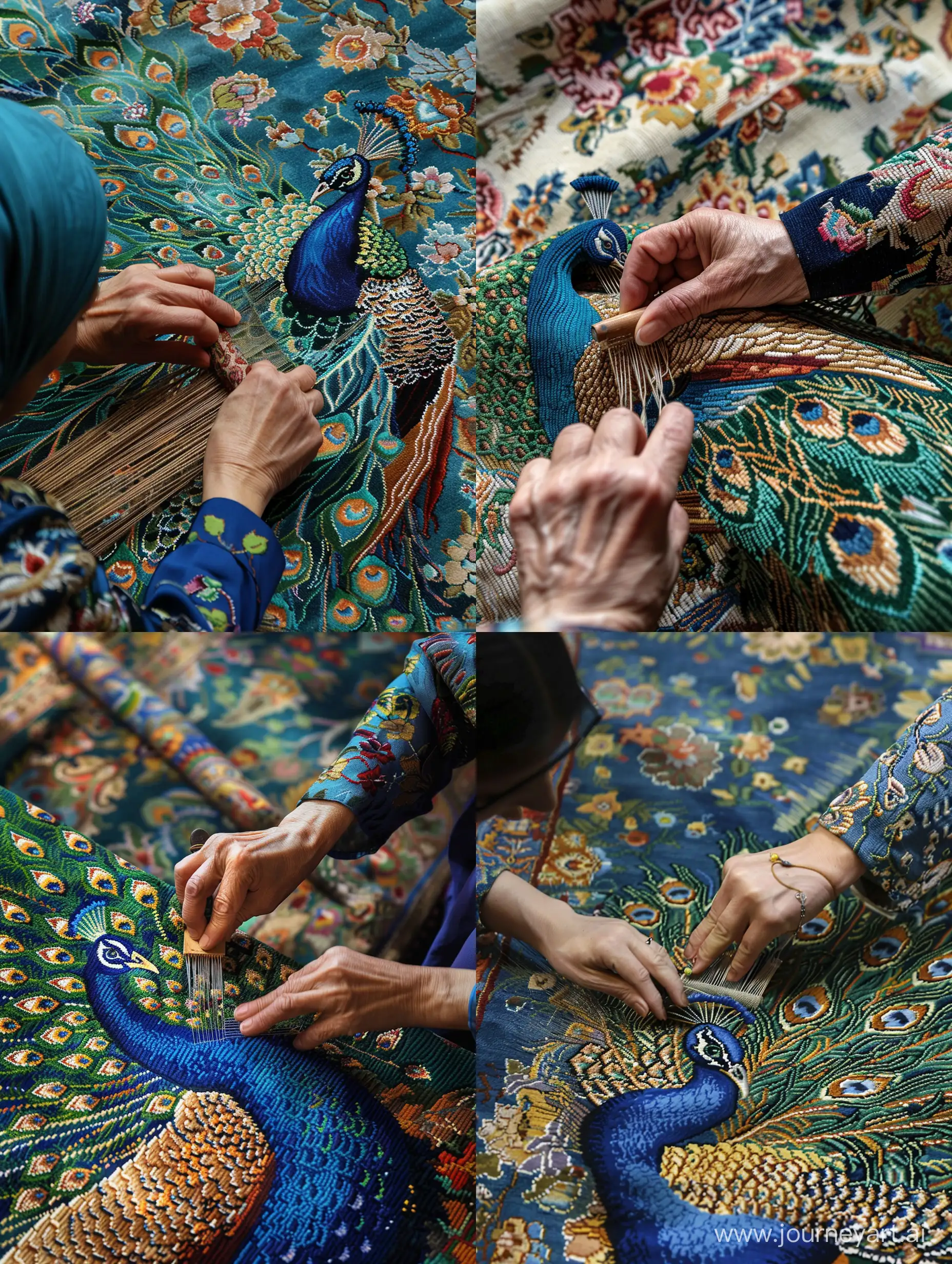 Iranian carpet with a peacock design, which is half woven, on the carpet, and the hands of a woman with traditional Iranian hijab can be seen in the picture weaving the carpet, the carpet weaving tool is also in the picture, the highest quality, the photo is vertical  / ar 9:16