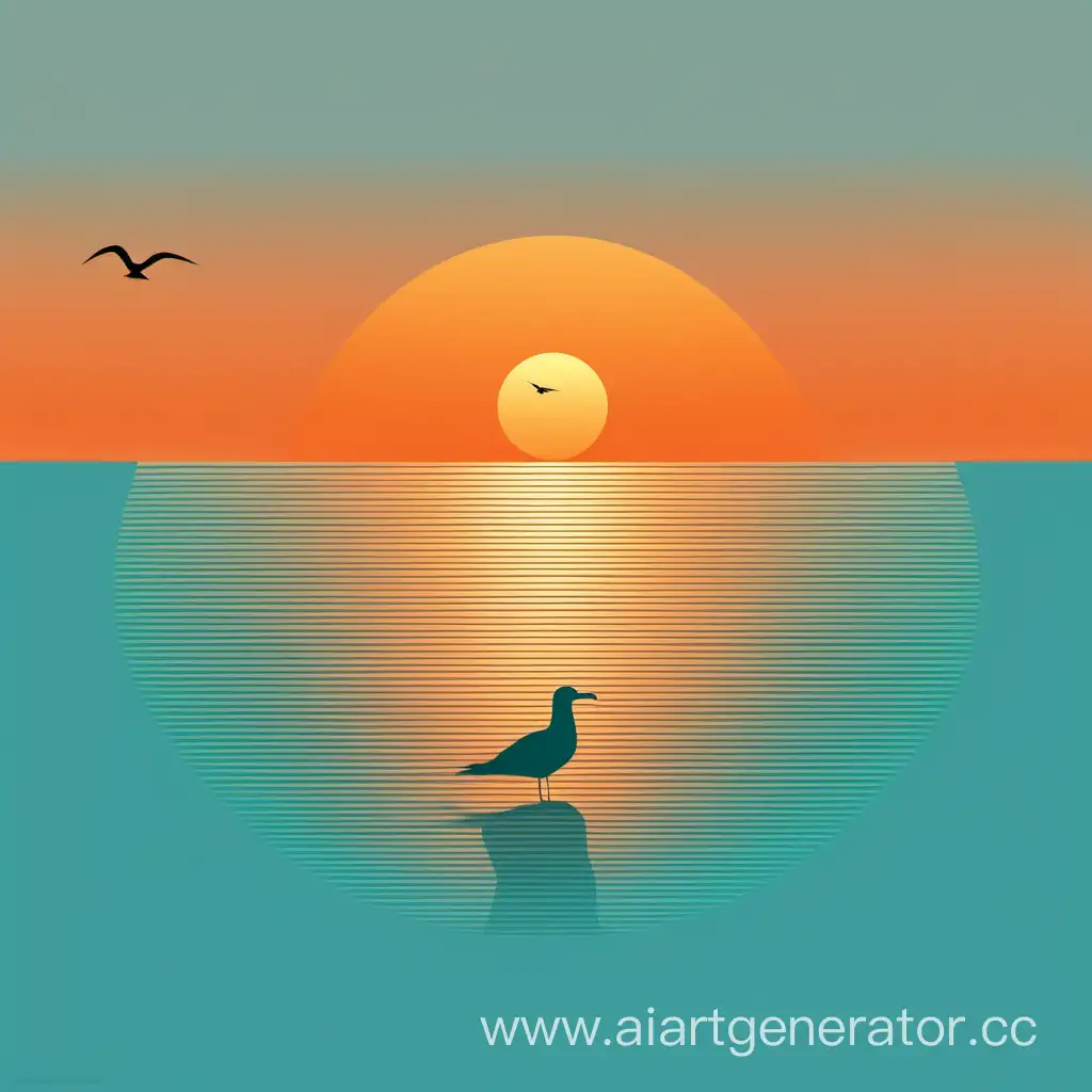 Море, солнце, закат, минимализм, чайка, оранжевый, синий, бирюзовый